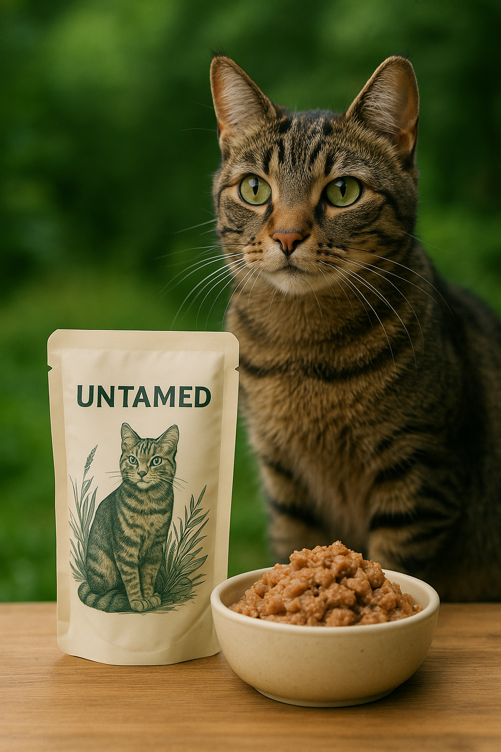 untamed cat food in bowl with sitting cat